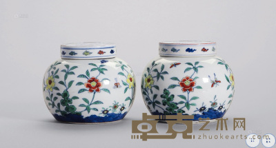 清康熙 斗彩洞石花卉纹盖罐 （一对） 高12cm
