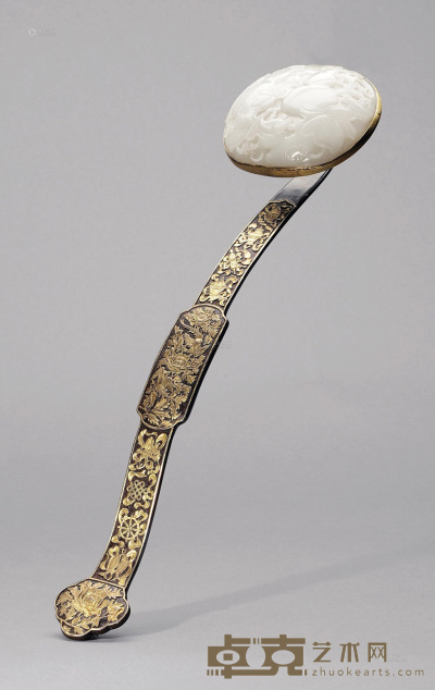清 银鎏金錾刻八宝纹镶白玉如意 长37cm