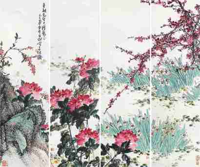 刘昌潮 花卉通景 四屏镜架