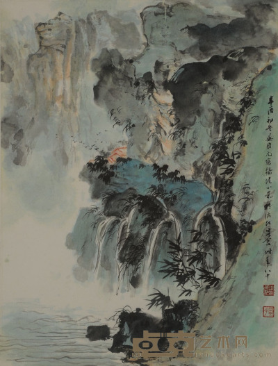 晏济元 青绿山水（框） 35×46约1.4平尺