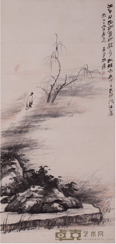 张大千 江岸吟柳图 97×46cm
