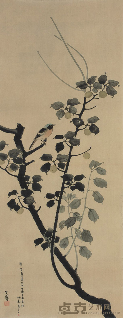 吴春 园树鸣禽 105×42cm
