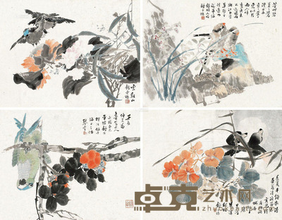 舒浩 1892年作 花鸟 立轴双挖 32×41cm×4