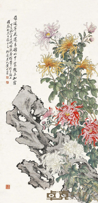 黄山寿 1917年作 菊石图 立轴 134×67cm