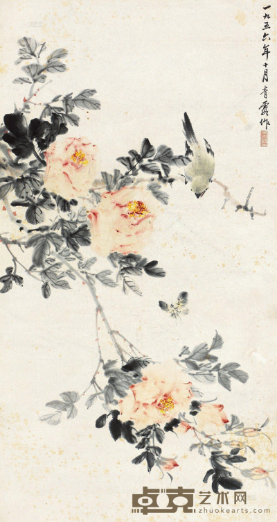 吴青霞 1956年作 花鸟 立轴 61×34.5cm