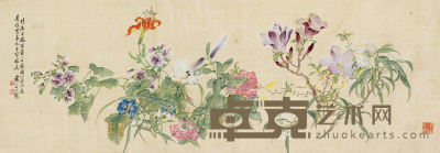 汤世澍 1900年作 花卉 横披 36.5×105cm