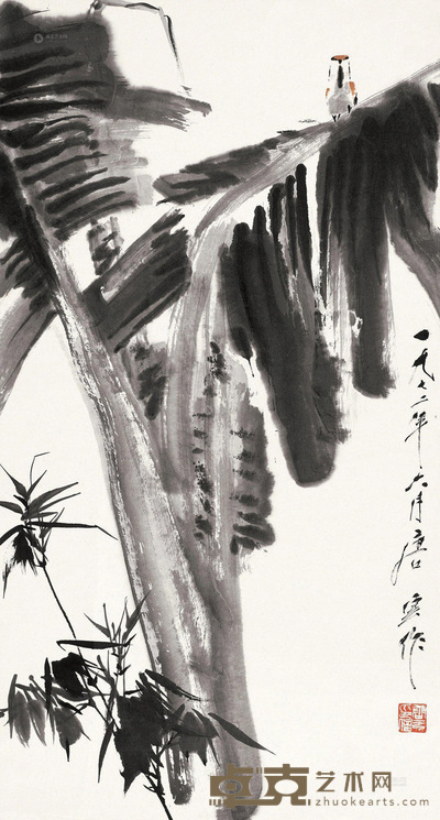 唐云 1972年作 蕉荫小鸟 立轴 90×48cm