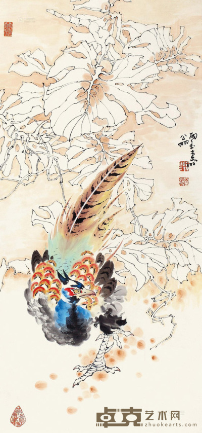 郑乃珖 蕉叶锦鸡 轴 95×44cm