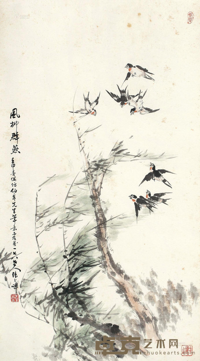 张玉峰 1992年作 风柳群燕 镜心 100×55cm