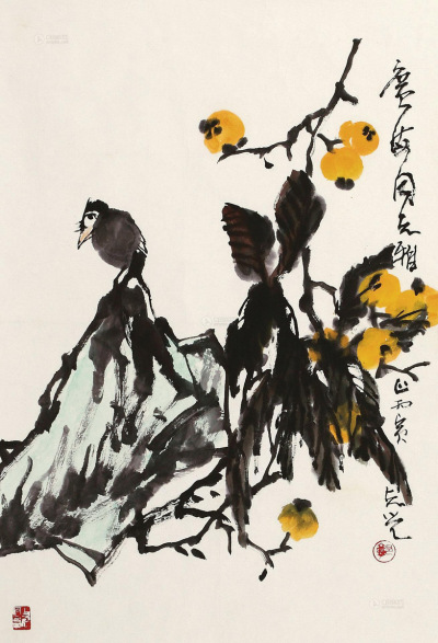郭志光 1986年作 琵琶小鸟 镜心