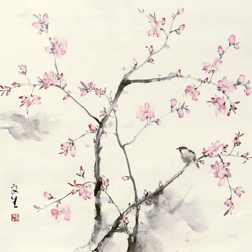 刘文生 桃花小鸟 托片