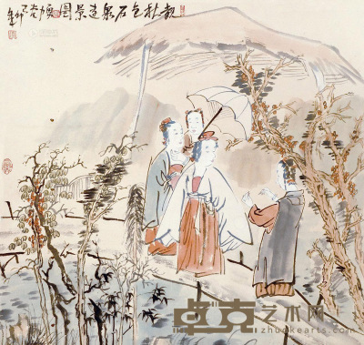 唐勇力 己卯（1999年）作 观秋色石泉远景图 立轴 65×67cm