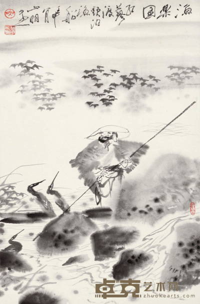 吴山明 壬申（1992年）作 渔乐图 立轴 76×46cm