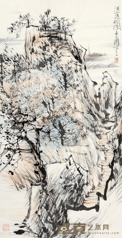 陈玉圃 丁亥（2007年）作 溪山远眺图 立轴 95×52cm