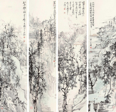 陈玉圃 辛巳（2001年）作 山水 四条屏镜心