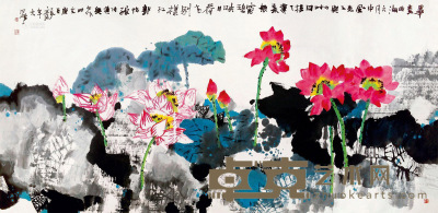 郭怡孮 张道兴 庚辰（2000年）作 荷塘春色 托片 124×246cm