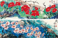 单泓元 甲午（2014年）作 花卉两幅 托片