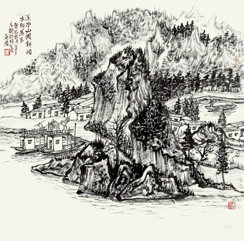 崔东湑 癸巳（2013年）作 溪水山阁图 托片