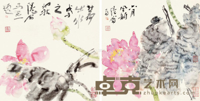 吴冠南 戊子（2008年）作 荷花图两幅 托片 32×33cm×2