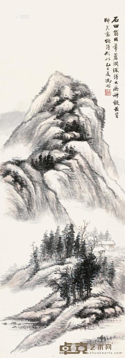 冯超然 乙巳（1905年）作 密林秋山 立轴 115×41cm