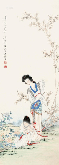 吴光宇 辛巳（1941年）作 园中赏花图 立轴