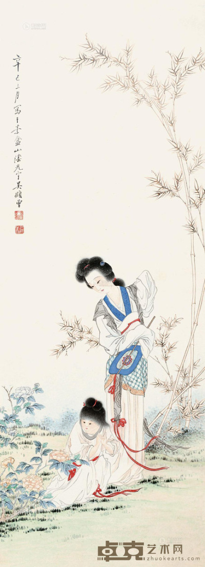 吴光宇 辛巳（1941年）作 园中赏花图 立轴 88×32cm