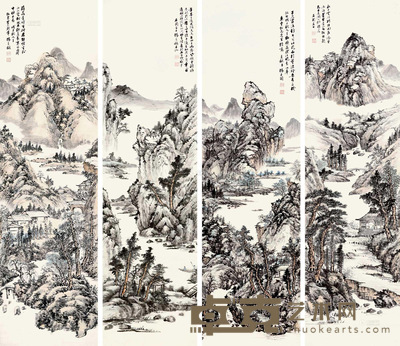 张石园 戊子(1949年)作 山水 四条屏卷轴 149×39cm×4