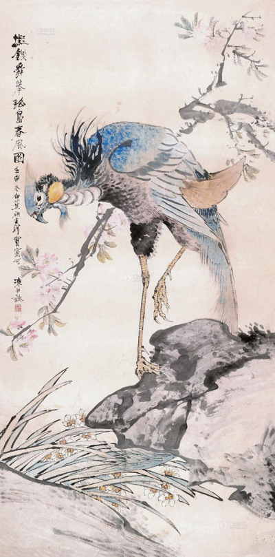 王礼 壬申（1872年）作 桃花凤凰图 卷轴