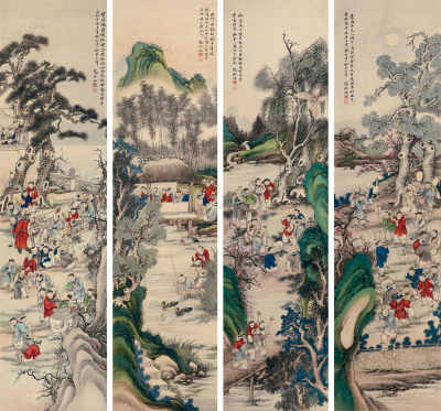 寇振江 乙卯（1855年）作 百子图 四条屏镜心