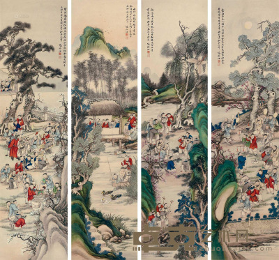 寇振江 乙卯（1855年）作 百子图 四条屏镜心 142×38cm×4