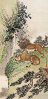 张善孖 甲戌（1934年）作 双狮图 镜框