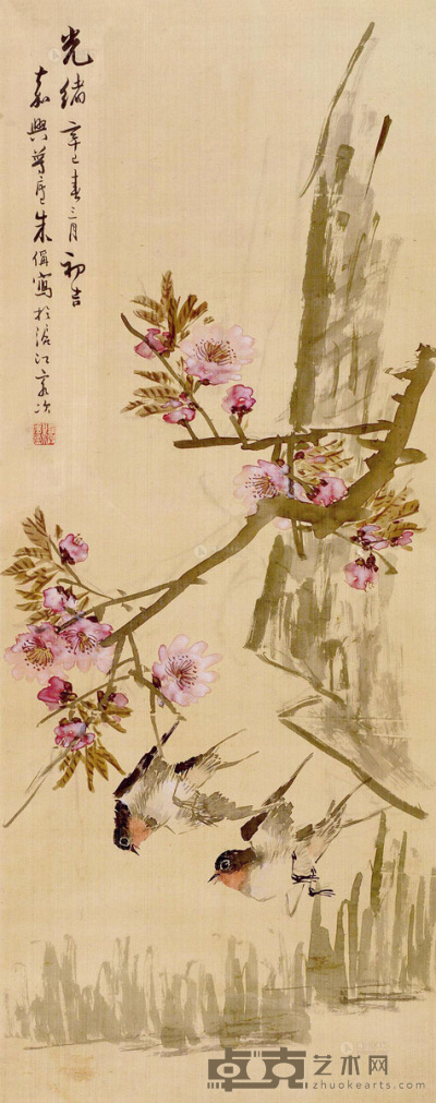 朱梦庐 辛巳（1881年）作 桃花小鸟 立轴 69×27cm