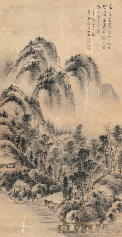 李育 辛卯（1891年）作 山水 卷轴 88×45cm