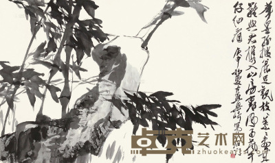 梁崎 庚申（1980年）作 竹石图 软片 67×101cm