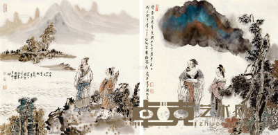 赵国经 王美芳 丙戌（2006年）作 高士出游图 （两幅） 软片 68×68cm×2