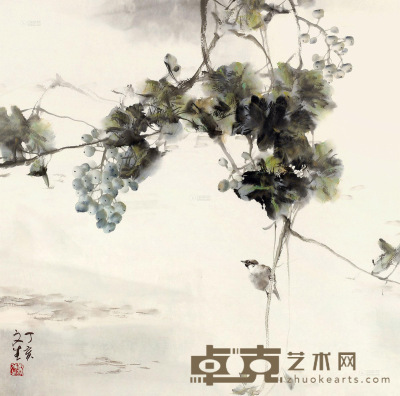 刘文生 丁亥（2007年）作 葡萄麻雀 镜框 68×67cm