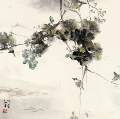 刘文生 丁亥（2007年）作 葡萄麻雀 镜框