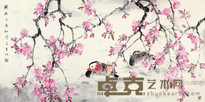 刘文生 壬辰（2012年）作 桃花鸳鸯 托片 69×137cm
