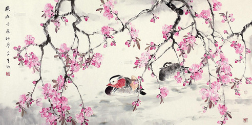 刘文生 壬辰（2012年）作 桃花鸳鸯 托片