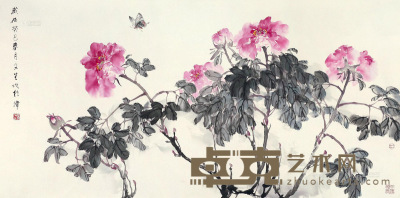 刘文生 癸巳（2013年）作 牡丹蝴蝶 托片 69×136cm