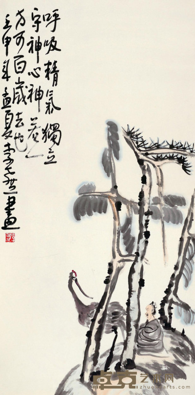 李孝萱 壬申（1992年）作 观鹤图 托片 137×68cm