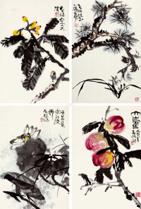 霍春阳 丙寅（1986年）作 花卉 四条屏托片