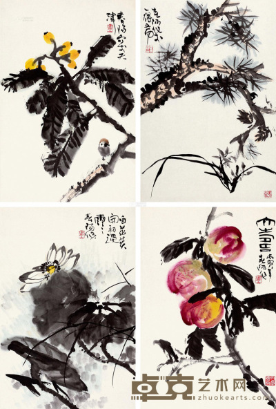 霍春阳 丙寅（1986年）作 花卉 四条屏托片 69×46cm×4
