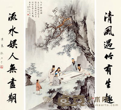 张洪千 高士论诗图中堂 镜框 字90×20cm×2;画75×45cm