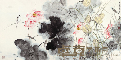 贾广健 庚辰（2000年）作 荷塘春趣 镜心 68×136cm