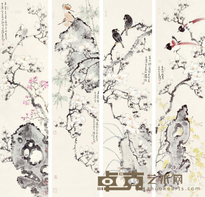 李云涛 辛卯（2011年）作 花鸟 四条屏软片 137×35cm×4