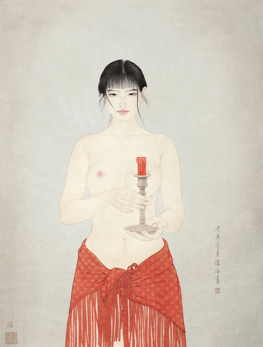陈治 壬辰（2012年）作 秉烛少女 镜心