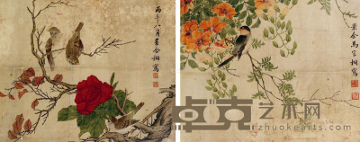 马家桐 丙午（1846年）作 花鸟 （两幅） 镜框 31×40cm×2