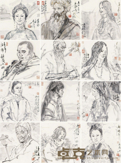 吴山明 人物册页 镜框 33×34cm×12