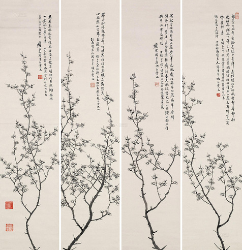 洪毅 墨梅 四屏立轴